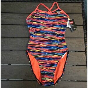 TYR DuraFast One Bonzai Crosscut Tieback 1 pc Swimsuit Orange Multi Size 34 NEW